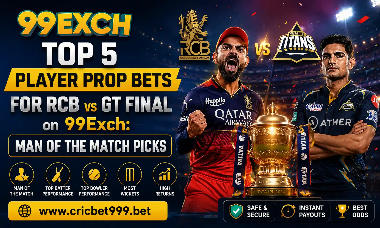 Top 5 Player Prop Bets for RCB vs GT Final on 99Exch: Man of the Match Picks